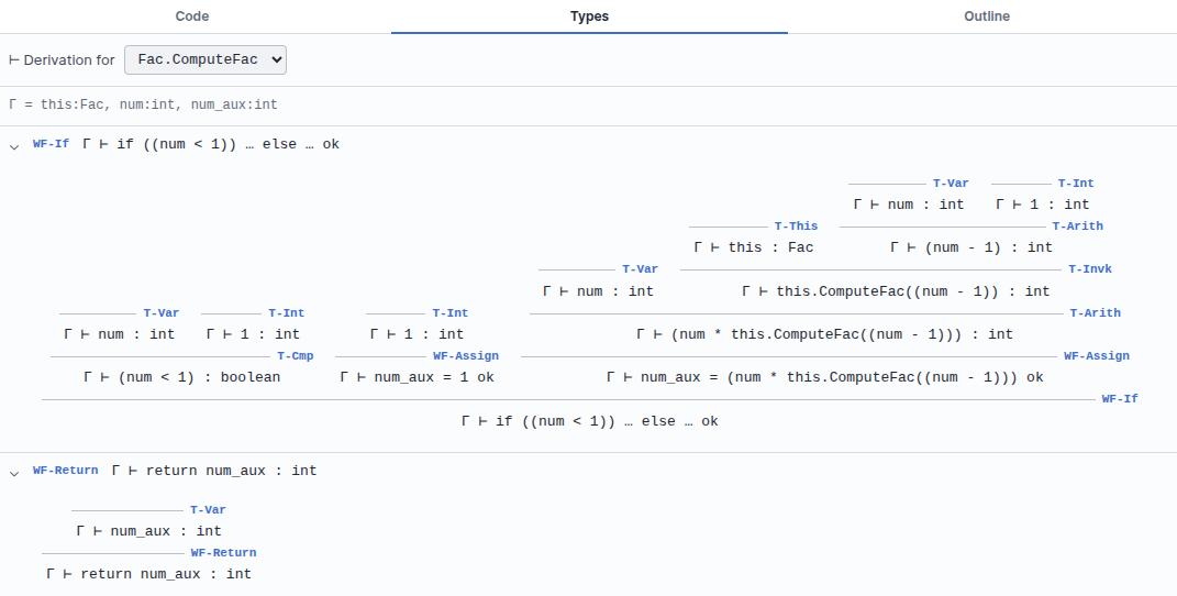 An expanded typing derivation for the method Fac.ComputeFac, showing WF-If and WF-Return rows built from T-Var, T-Int, T-This, T-Arith, T-Invk, T-Cmp and WF-Assign premises.