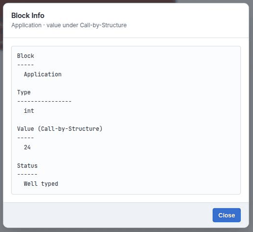 The Block Info dialog for an Application block, listing Block as Application, Type as int, a section headed Value in brackets Call-by-Structure giving 24, and Status as Well typed.