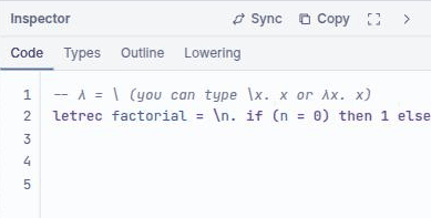 The Inspector's Code tab showing the factorial term as syntax-highlighted text on numbered lines, with Sync and Copy buttons in the panel header.