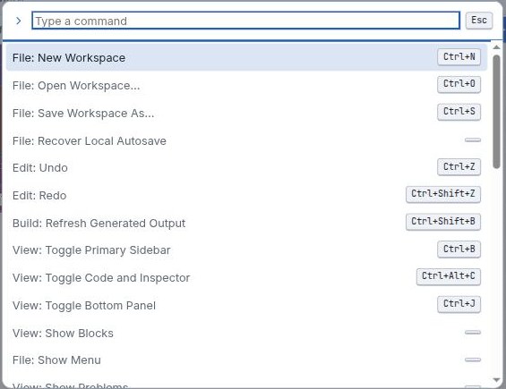 The Block Lambda command palette open over the workspace, listing File, Edit, Build and View commands, each with its keyboard shortcut on the right.