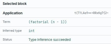 The Inspector's Selected block pane showing an Application block with term (factorial (n - 1)), inferred type int, and status Type inference succeeded.