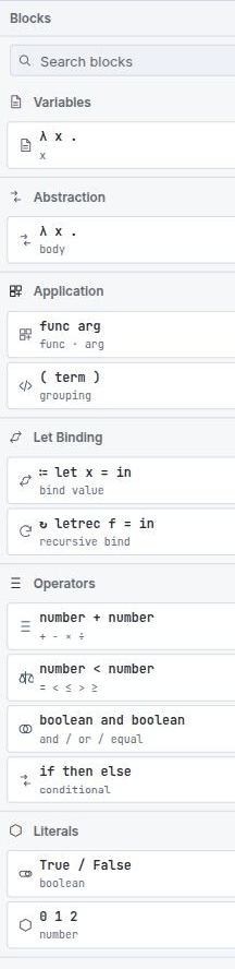 The Block Lambda blocks sidebar with all six categories expanded, showing the twelve palette cards in one column from the variable block down to the number literal, with a search field at the top.