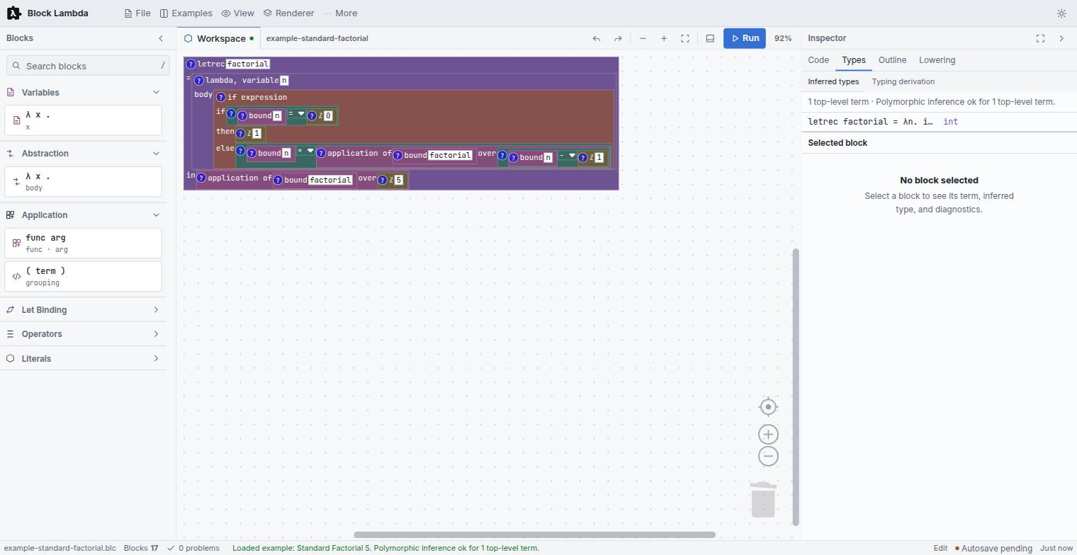 The Block Lambda workbench: the blocks palette on the left, the factorial program drawn as nested blocks in the workspace, and the Inspector on the right reporting one top-level term of type int.