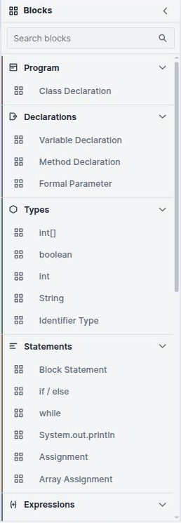 The B-MJ blocks sidebar showing the Program, Declarations, Types, Statements and Expressions categories with their blocks listed.