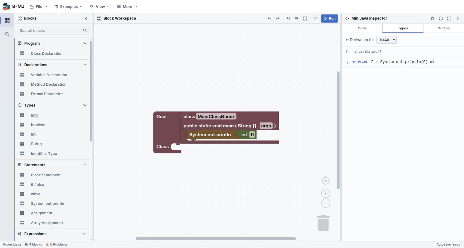 The B-MJ workbench: activity bar and blocks sidebar on the left, the starter Goal and MainClass skeleton in the workspace, and the MiniJava Inspector showing a typing derivation on the right.