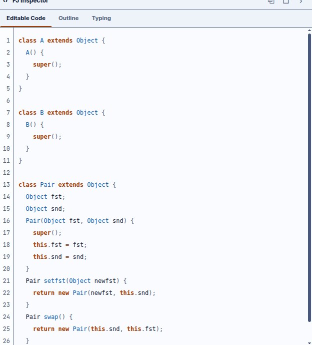 The BFJ Editable Code tab showing generated Java source for the Pair class and its swap method, kept in sync with the block workspace.