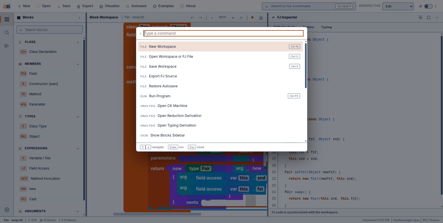 The BFJ command palette open, listing File, Run and Analysis commands with their keyboard shortcuts.