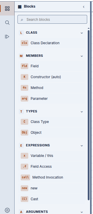 The BFJ blocks sidebar showing the Class, Members, Types, Expressions and Arguments categories with their blocks listed.