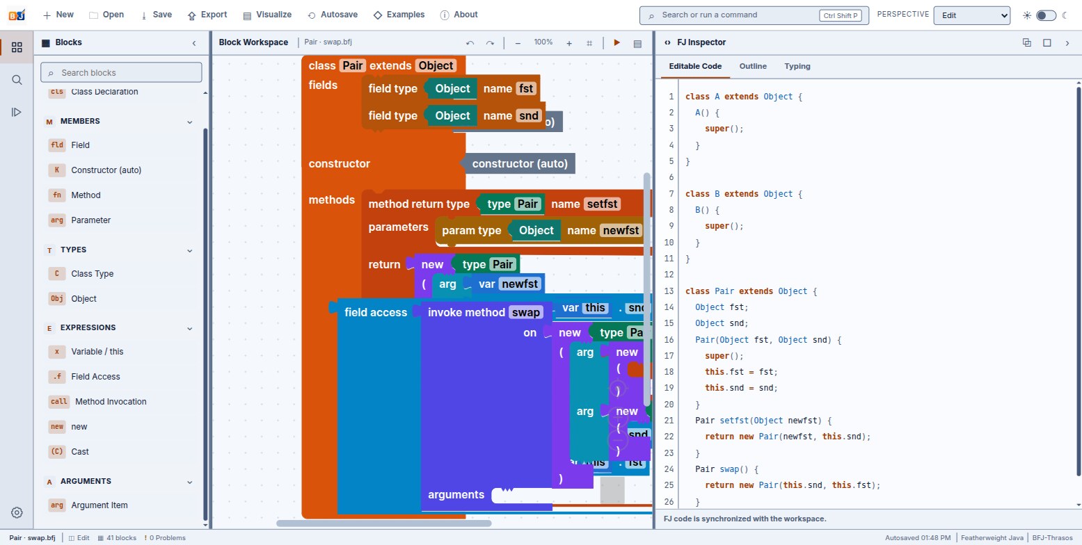 The BFJ workbench: the toolbox sidebar on the left, the Pair swap example in the workspace, and the FJ Inspector's Editable Code tab on the right.