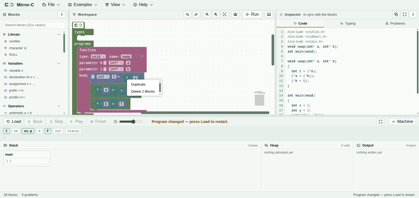 A right-click on an ordinary block, opening a small menu with two entries: Duplicate and Delete 2 Blocks. Right-clicking empty workspace instead opens a different menu with Undo, Redo and Clean up Blocks.