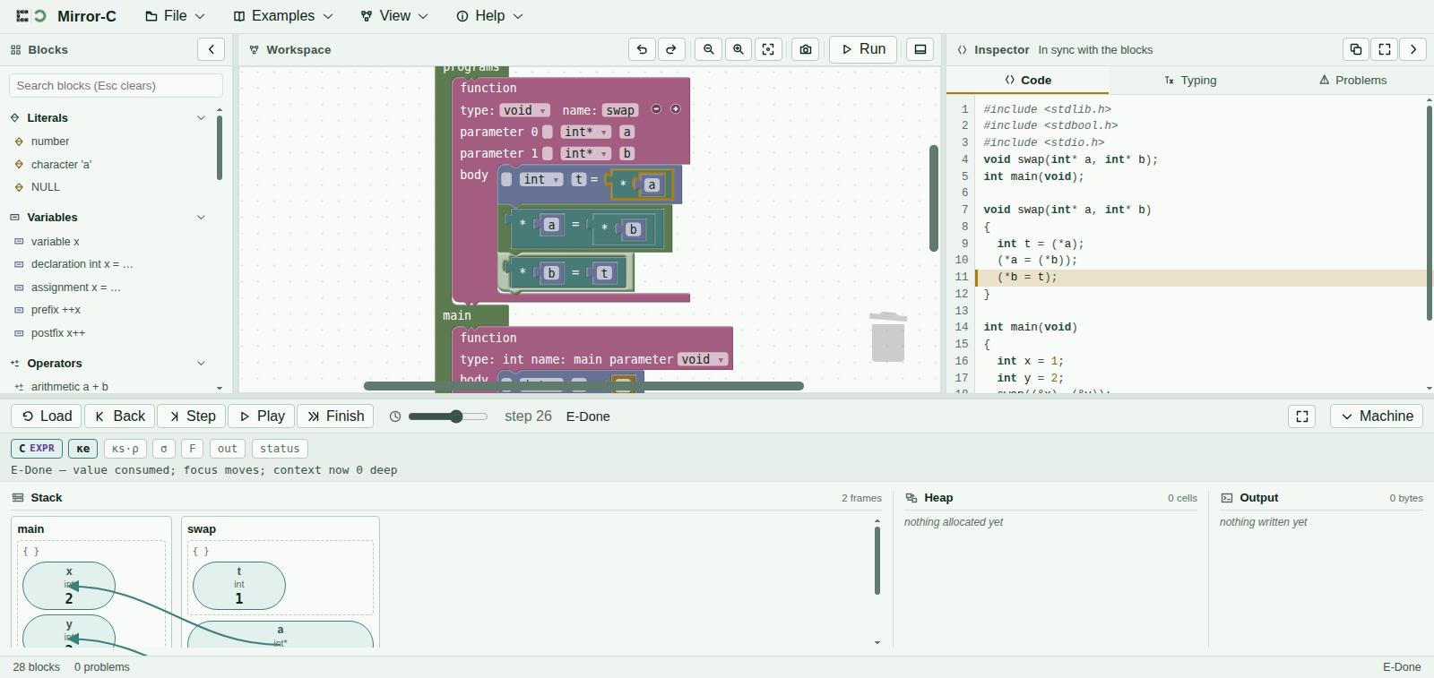 The Mirror-C workbench part way through a pointer swap. The blocks sidebar is on the left, the block program in the middle, the C source on the right with the current line highlighted, and along the bottom a Stack region showing two frames — main and swap — with arrows running from swap's parameters back into main's cells.