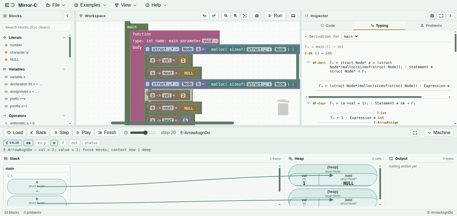 The Typing tab showing a derivation for main: a premises-over-a-bar proof tree with rows labelled WF-Decl, WF-Expr, T-Int and T-ArrowAssign, each row a clickable judgement.