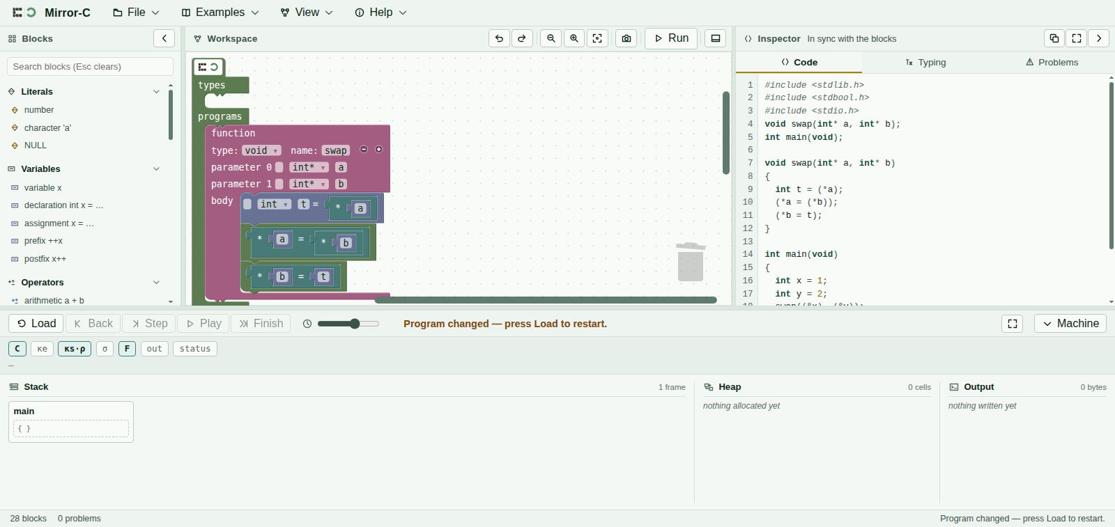 The Mirror-C workbench with a two-function program loaded: the blocks palette on the left, the program in the workspace, the C source in the Inspector on the right, and the machine controls along the bottom.