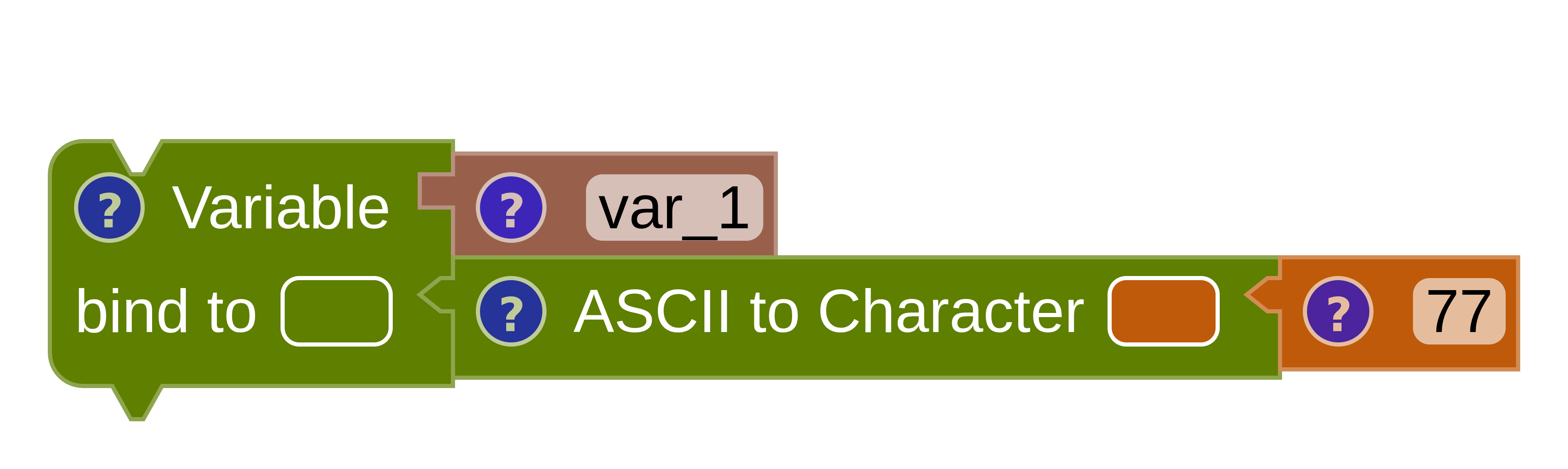 A variable block whose type is inferred as character from the attached ASCII to Character block.