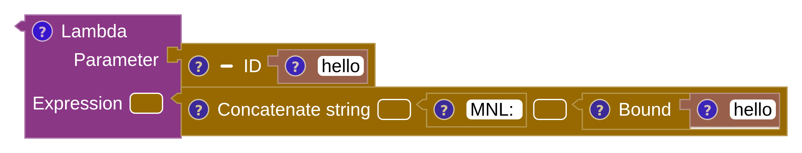 A lambda block taking a string parameter named hello and concatenating it after the prefix 'MNL: '.