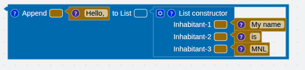 The append operator putting the string 'Hello, ' in front of a three-item list.