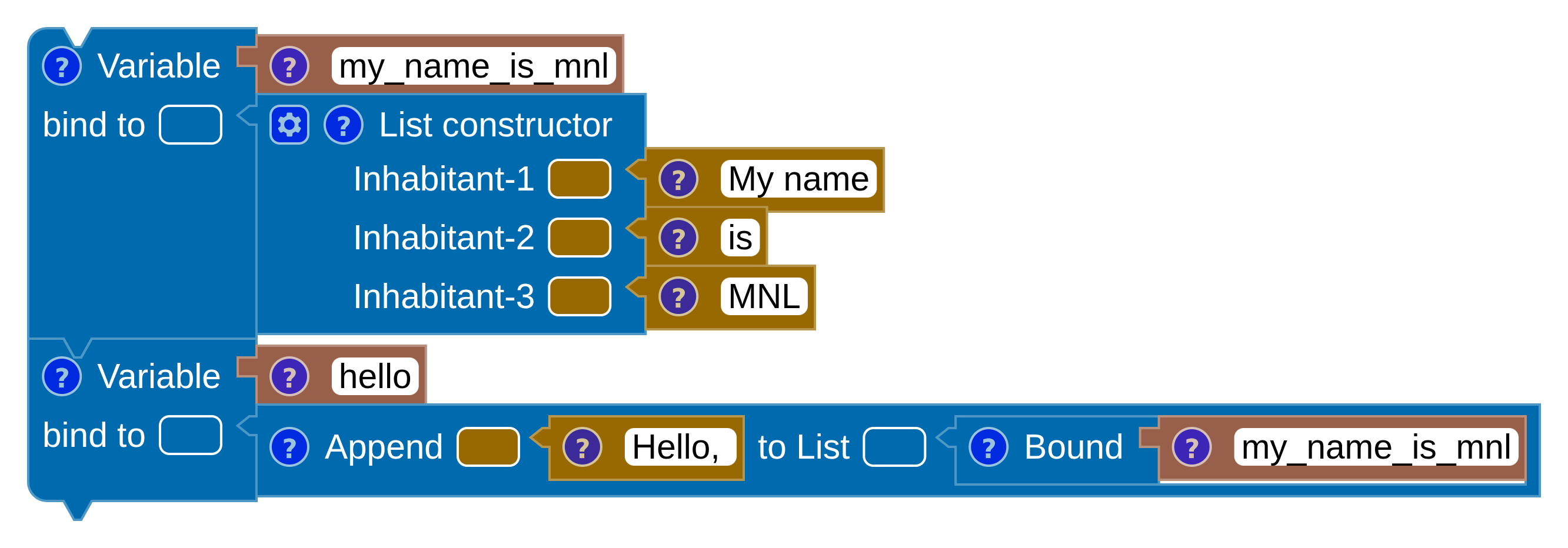 A variable my_name_is_mnl holding a list, and a variable hello appending 'Hello, ' to it.