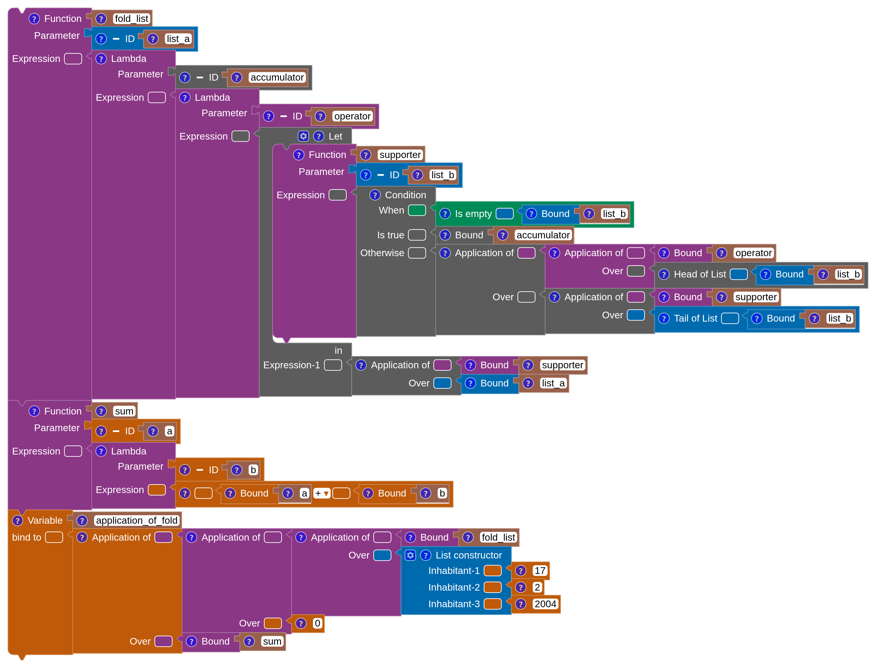 A fold_list function taking a list, an accumulator and an operator function, folding the operator across the list.