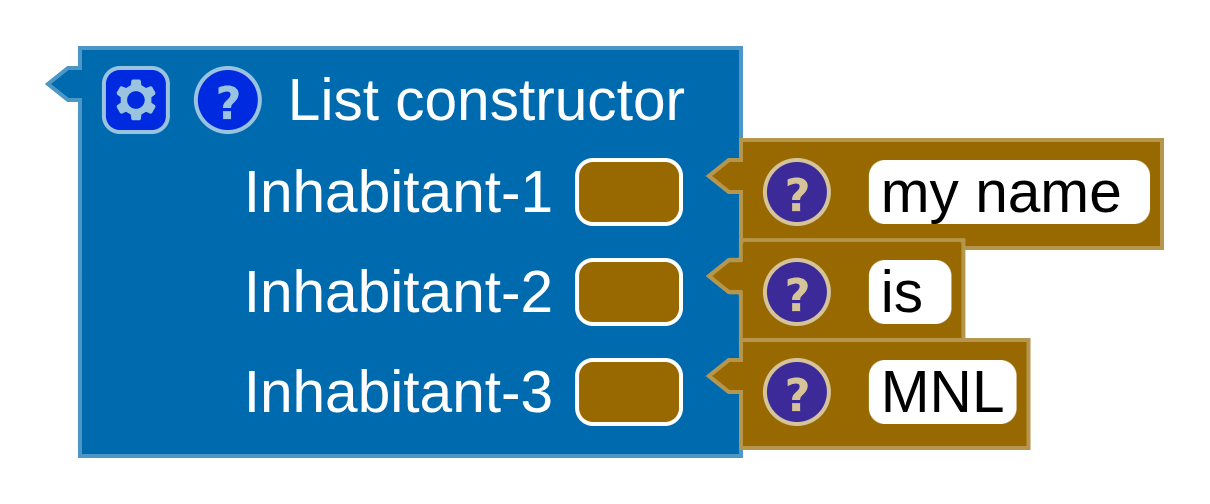 A list constructor holding three string items: 'my name ', 'is ' and 'MNL'.