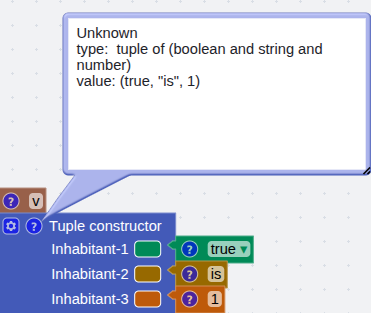 An info popup above a Tuple constructor block reading: The Expression block, type: tuple of (boolean and string and number), value: (true, "is", 1).