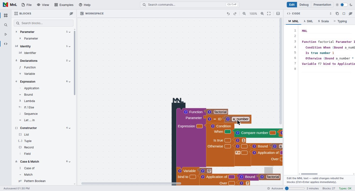 The MnL workspace with the code panel open on the right, showing the MNL tab with the factorial program as text.