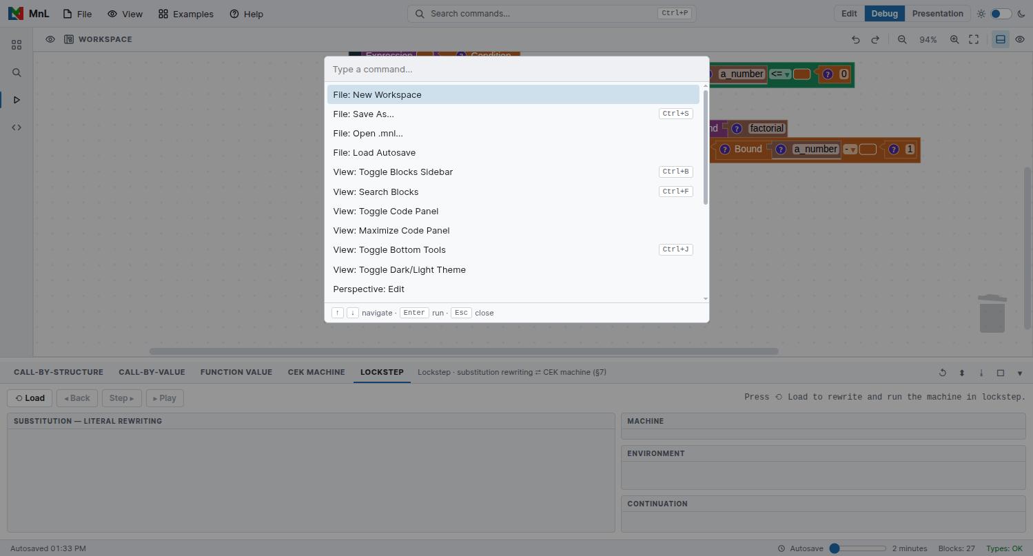 The MnL command palette open over the workspace, listing file, view, perspective and workspace commands with their keyboard shortcuts.