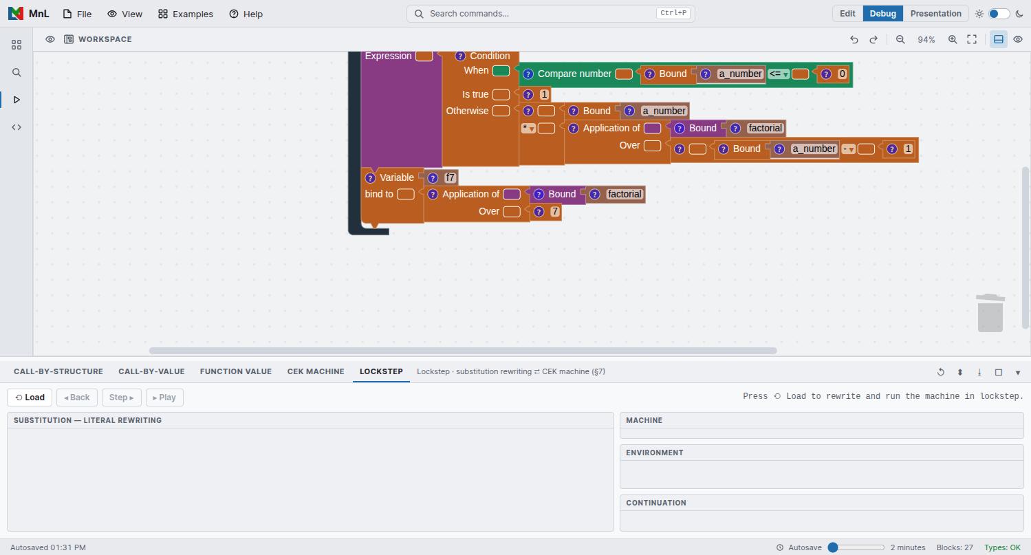 The Lockstep view with a Substitution — literal rewriting panel on the left and Machine, Environment and Continuation panels on the right, before loading.