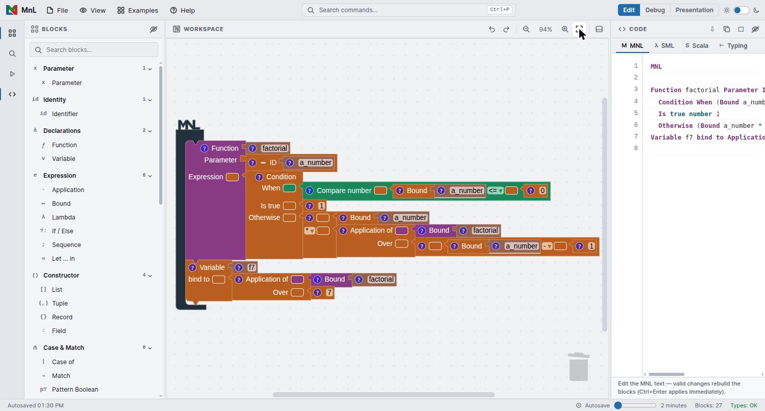 The MnL 5 workspace: application bar across the top, activity bar down the left, blocks sidebar, the factorial program rendered as blocks in the centre, and the generated code panel on the right.