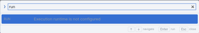 The ViSML command palette filtered to "run", showing the single disabled result: Execution runtime is not configured.