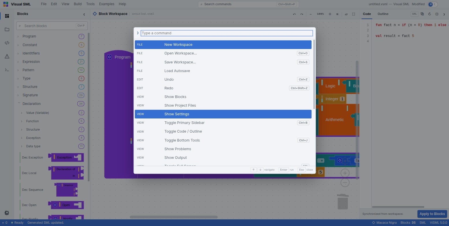 The ViSML command palette open, listing commands grouped by File, Edit and View with their keyboard shortcuts.