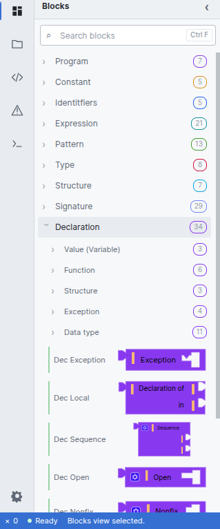 The ViSML toolbox sidebar with the Declaration category expanded, showing its Value, Function, Structure, Exception and Data type subcategories.