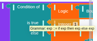 Hovering a ViSML if-expression block reveals its grammar-production tooltip: exp ::= if exp then exp else exp.